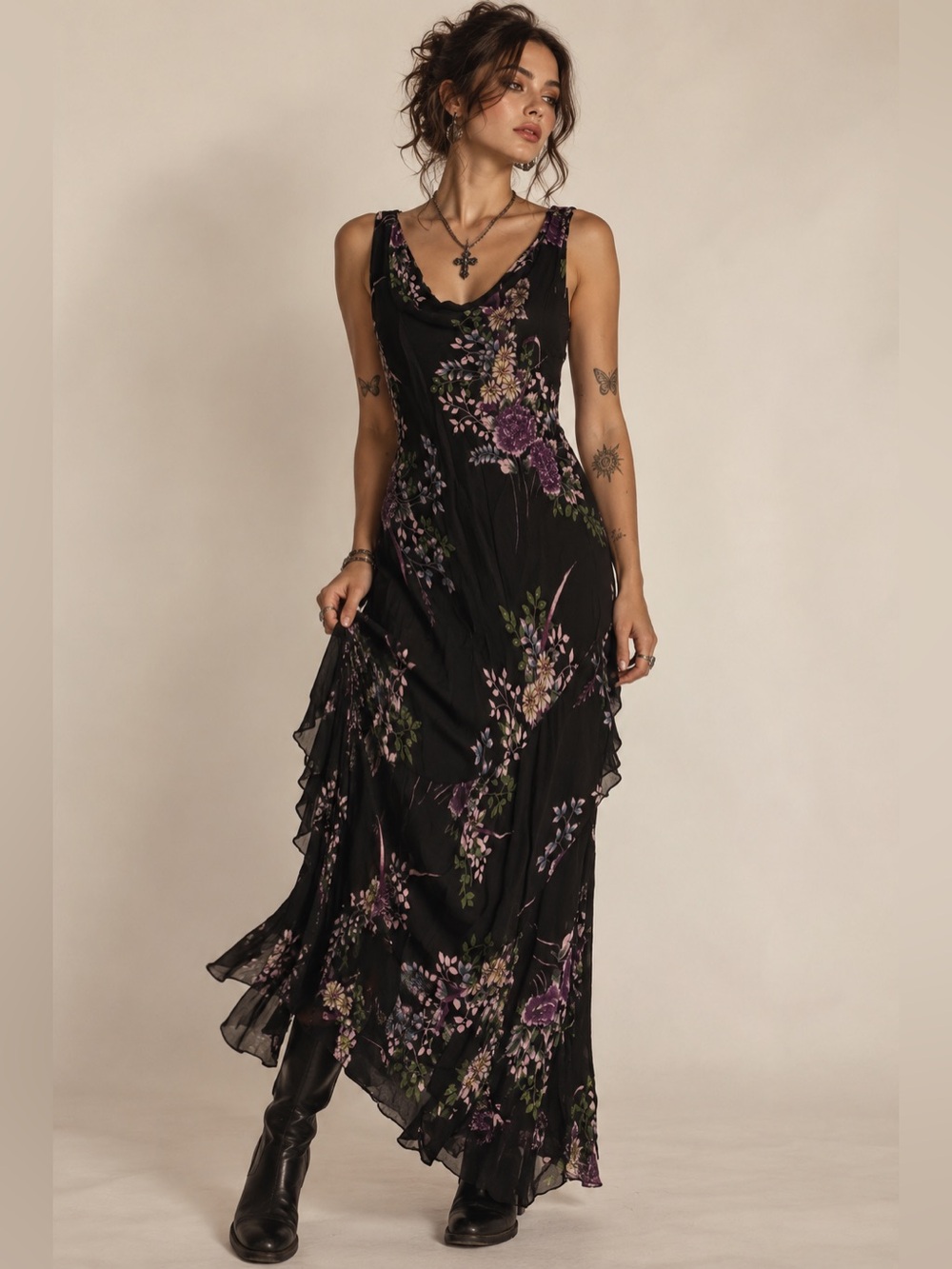 Vintage Y2K Black Purple Floral Maxi Dress Whimsigoth Fairycore Handkerchief 10